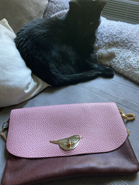 Pochette en cuir bicolore fabriquée à l'atelier La Patine sous l’œil de mon chat Cassiopée