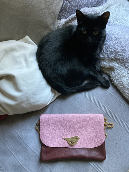 Pochette en cuir bicolore fabriquée à l'atelier La Patine sous l’œil de mon chat Cassiopée