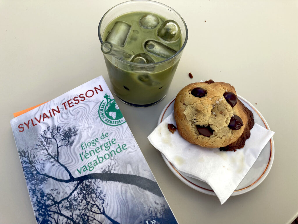 Photo prise de dessus montrant, posés sur une table de couleur crème : le livre de Sylvain Tesson intitulé Eloge de l'énergie vagabonde, un matcha latté glacé et un cookie aux pépites de chocolat.